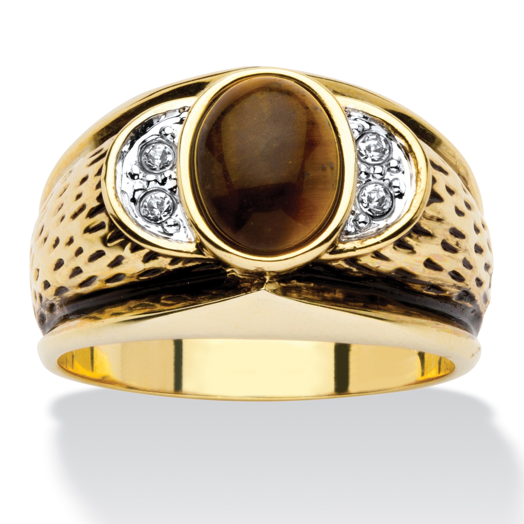 Men's OvalShaped Genuine Tiger's Eye Crystal Accent 14k Yellow Gold