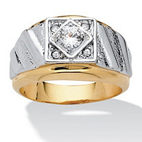 Men's Round Crystal Yellow Gold-Plated Two-Tone Textured Ring