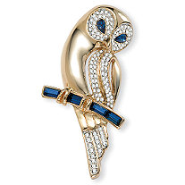 Simulated Blue Sapphire and Crystal Owl Pin 4 TCW in Yellow Gold Tone