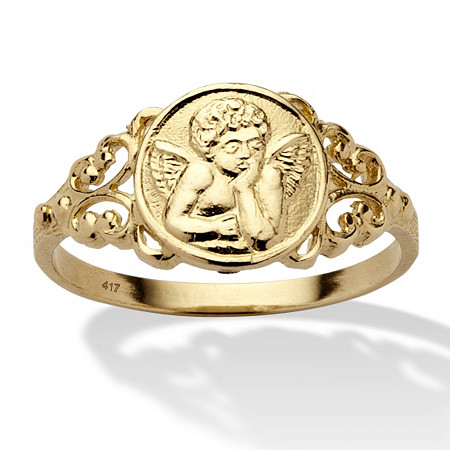 Cherub Guardian Angel Open Scrollwork Ring in Solid 10k Yellow Gold at PalmBeach Jewelry