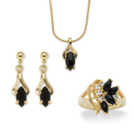 Genuine Marquise-Shaped Genuine Onyx Ring, 18" Necklace and Earrings Set Gold-Plated at PalmBeach Jewelry