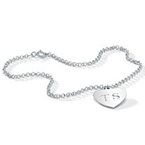 Personalized Heart Charm Rolo-Link Ankle Bracelet in Sterling Silver 10