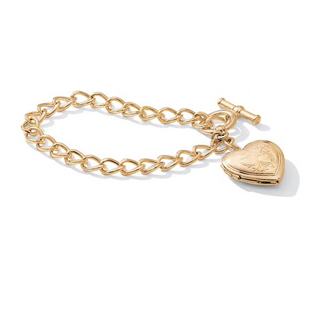 Etched Heart Charm Photo Locket Bracelet with Toggle Clasp in Goldtone 8" at PalmBeach Jewelry