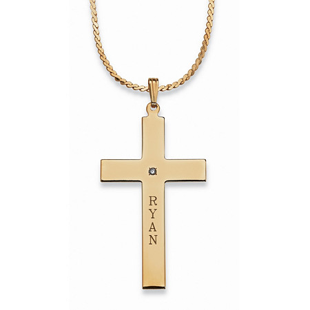 Personalized Cross and Cubic Zirconia Pendant Necklace in Yellow Gold Tone 20" at PalmBeach Jewelry