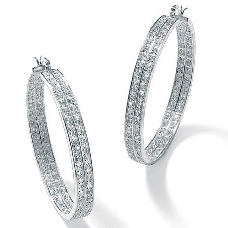 4.50 TCW Round Cubic Zirconia Inside-Out Double Row Hoop Earrings in Silvertone (2") at PalmBeach Jewelry