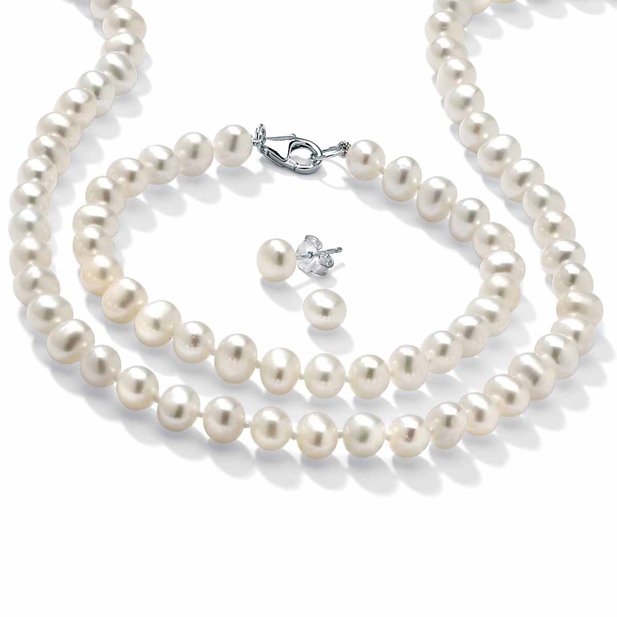 3 Piece Cultured Freshwater Pearl Necklace Bracelet and Earrings Set in ...