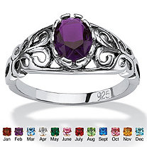 Oval-Cut Simulated Birthstone Scroll Ring in Sterling Silver