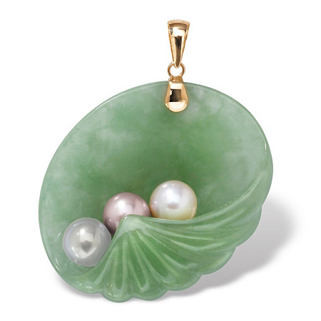 Genuine Green Jade and Freshwater Cultured Pearl 14k Yellow Gold Shell Pendant at PalmBeach Jewelry