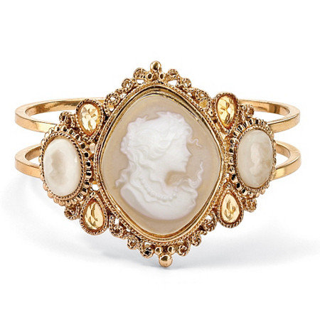 Vintage-Style Simulated Cameo Hinged Bangle Bracelet in Yellow Gold Tone 7.5" at PalmBeach Jewelry