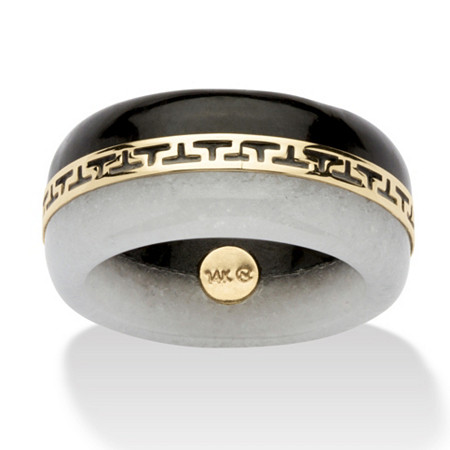 Round Black and White Genuine Jade 14k Yellow Gold "Greek Key" Ring at PalmBeach Jewelry