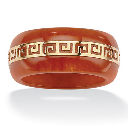 Round Red Genuine Jade 14k Yellow Gold "Greek Key" Ring at PalmBeach Jewelry