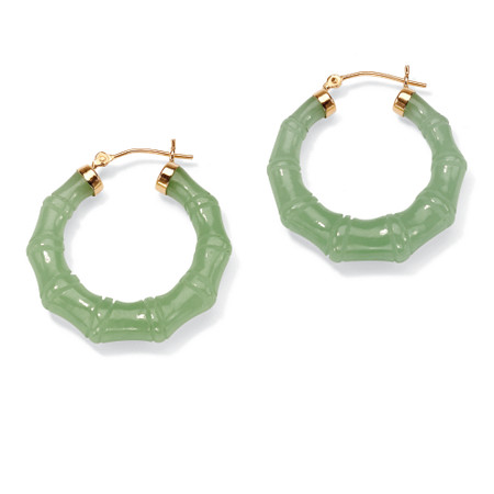 Genuine Green Jade 14k Yellow Gold Bamboo-Style Hoop Earrings (1 1/8") at PalmBeach Jewelry