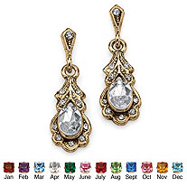 Oval-Cut Simulated Birthstone Vintage Style Drop Earrings in Antiqued Yellow Gold Tone