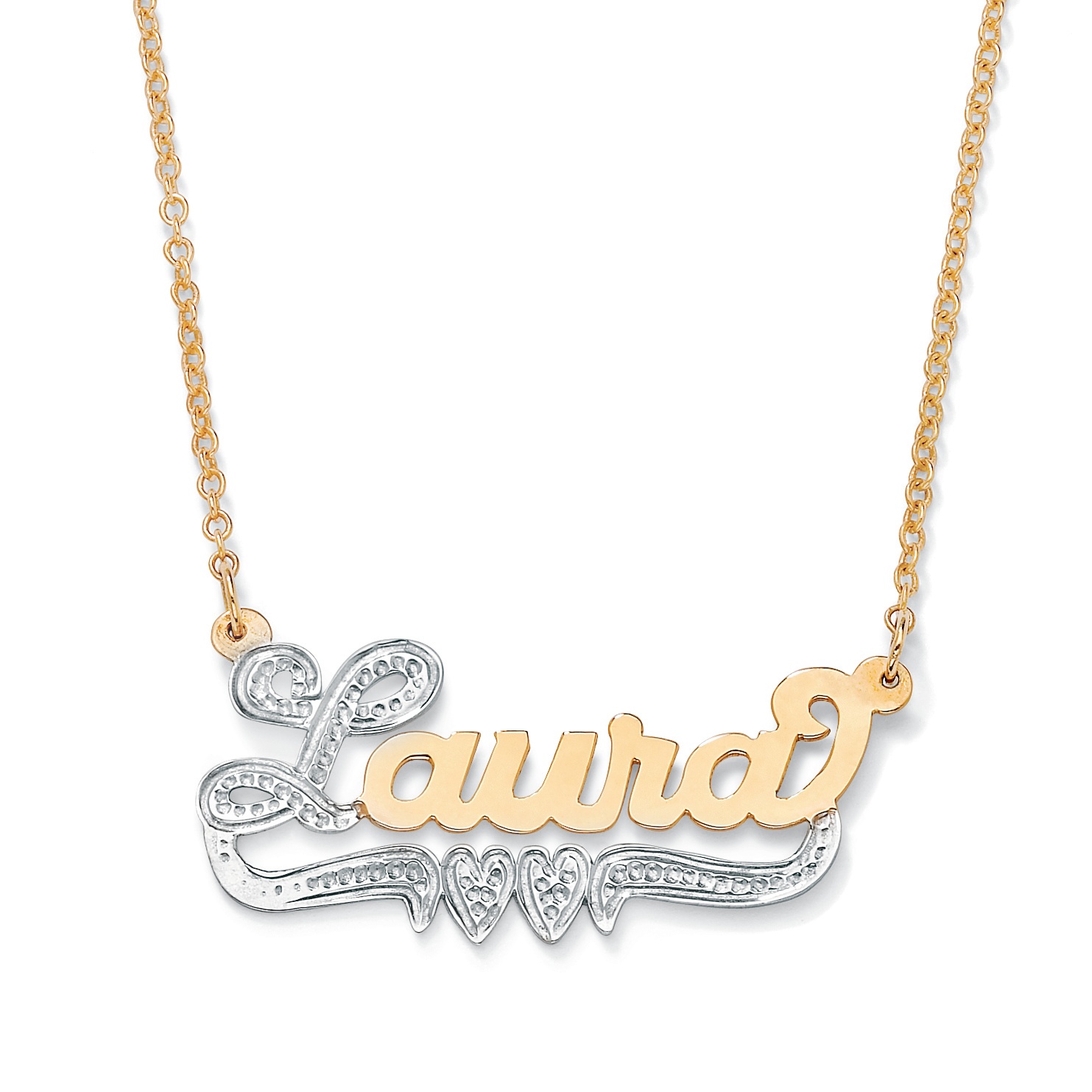 Personalized Double Heart Two Tone Nameplate Necklace In 18k Gold Over Sterling Silver 18 At Palmbeach Jewelry