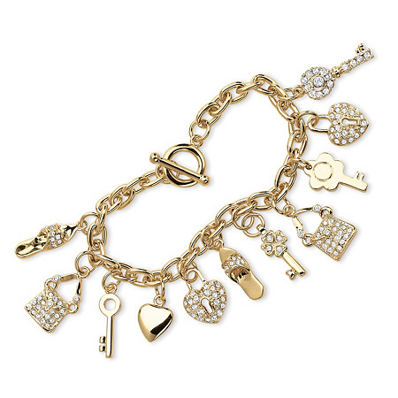 Round Crystal Yellow Gold-Plated Shoe, Purse, Heart Lock and Key Charm Bracelet 7 1/2" at PalmBeach Jewelry