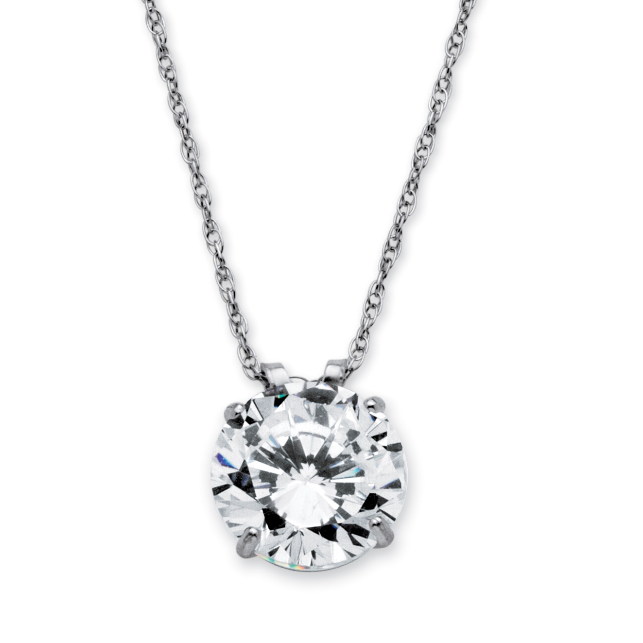 TCW Round Cubic Zirconia K White Gold Solitaire Pendant And Rope Chain At PalmBeach Jewelry