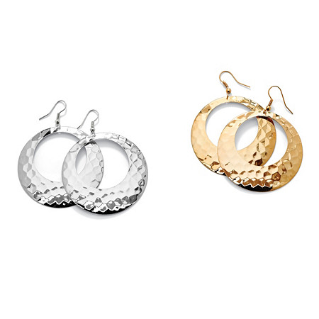 2 Pair Hammered-Style Hoop Earrings Set in Yellow Gold Tone and Silvertone (2") at PalmBeach Jewelry