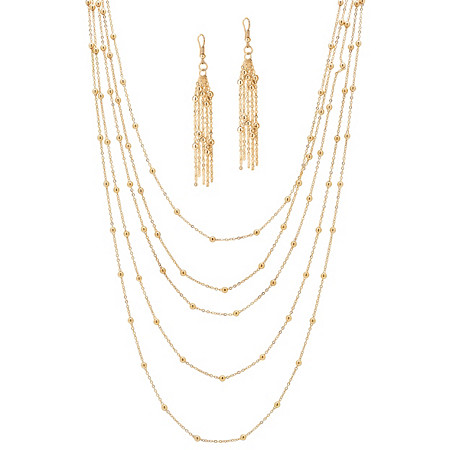 2 Piece Multi-Chain Beaded Station Necklace and Drop Earrings Set in Yellow Gold Tone 34"-38" at PalmBeach Jewelry