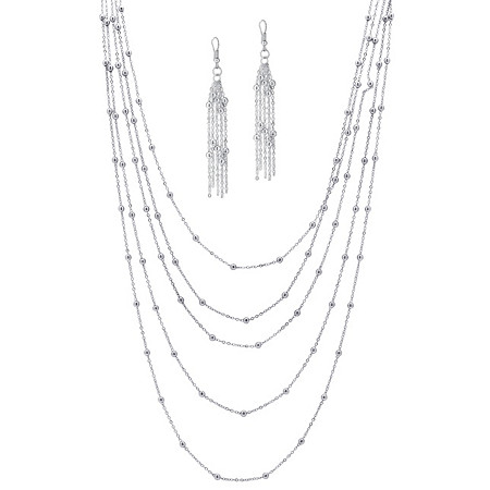 2 Piece Multi-Chain Beaded Station Necklace and Drop Earrings Set in Silvertone 34"-38" at PalmBeach Jewelry