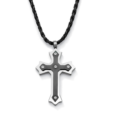 Cross Pendant and Rubber Necklace in Stainless Steel and Black Ion-Plated Stainless Steel 24"-27" at PalmBeach Jewelry