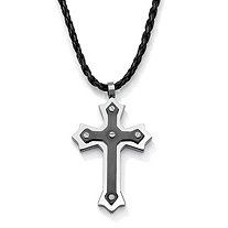 SETA JEWELRY Cross Pendant and Rubber Necklace in Stainless Steel and Black Ion-Plated Stainless Steel 24