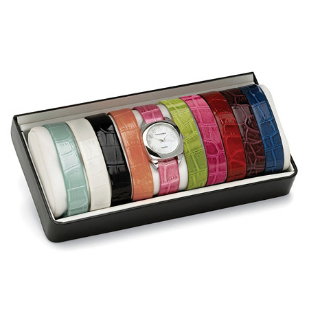 10-Piece Fashion Watch Set with Interchangeable Croco-Embossed Simulated Leather Bands in Silvertone 8" at PalmBeach Jewelry