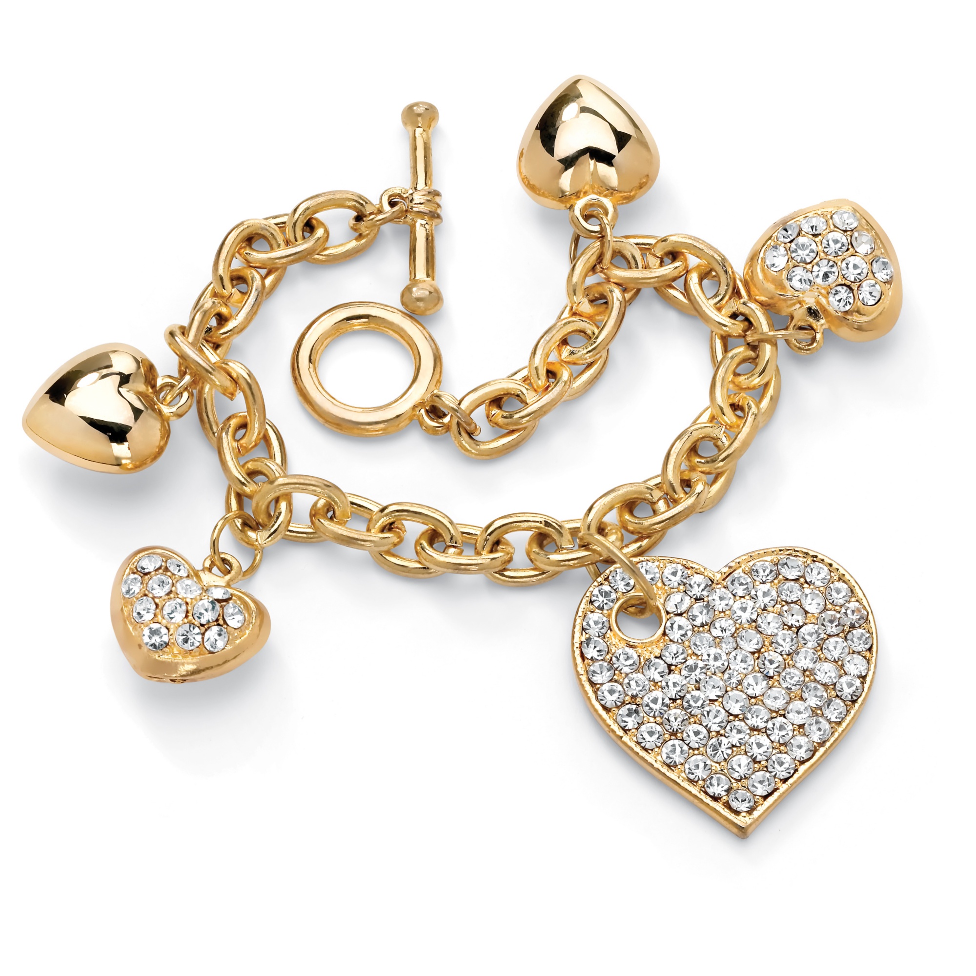 Crystal Multi-Heart Charm Bracelet in Yellow Gold Tone 8" at PalmBeach