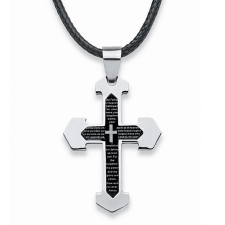 Men's Lord's Prayer Cross Pendant and Fabric Cord in Stainless Steel and Black Ion-Plated 24"-27" at PalmBeach Jewelry
