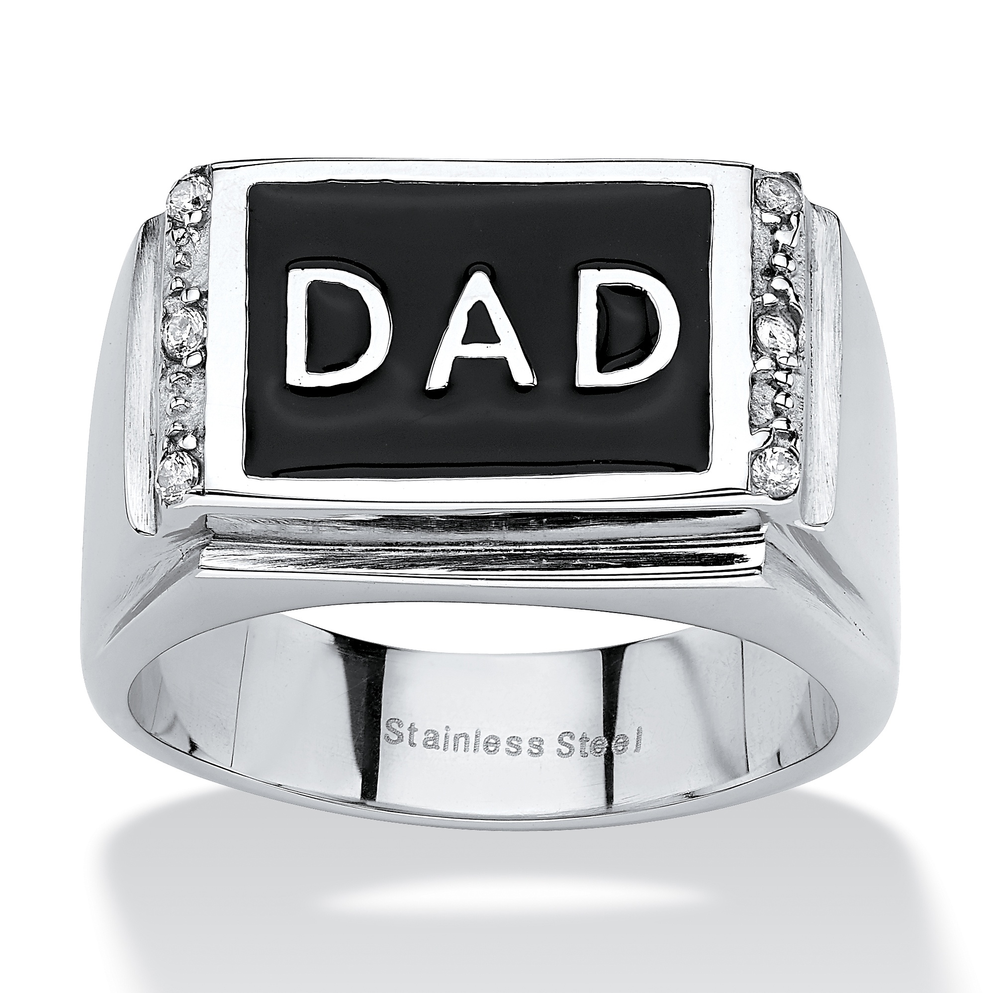 Men's Round Crystal "Dad" Ring in Stainless Steel & Black Enamel at