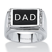 Men's Round Crystal "Dad" Ring in Stainless Steel & Black Enamel