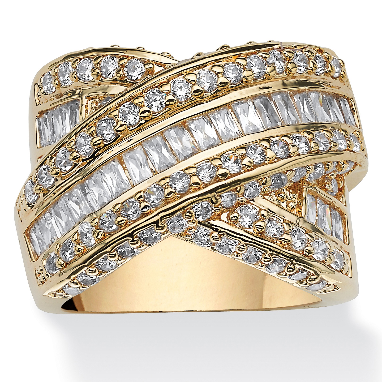 crossover gold baguette ring yellow cubic plated palmbeach jewelry tcw zirconia 14k cut palmbeachjewelry