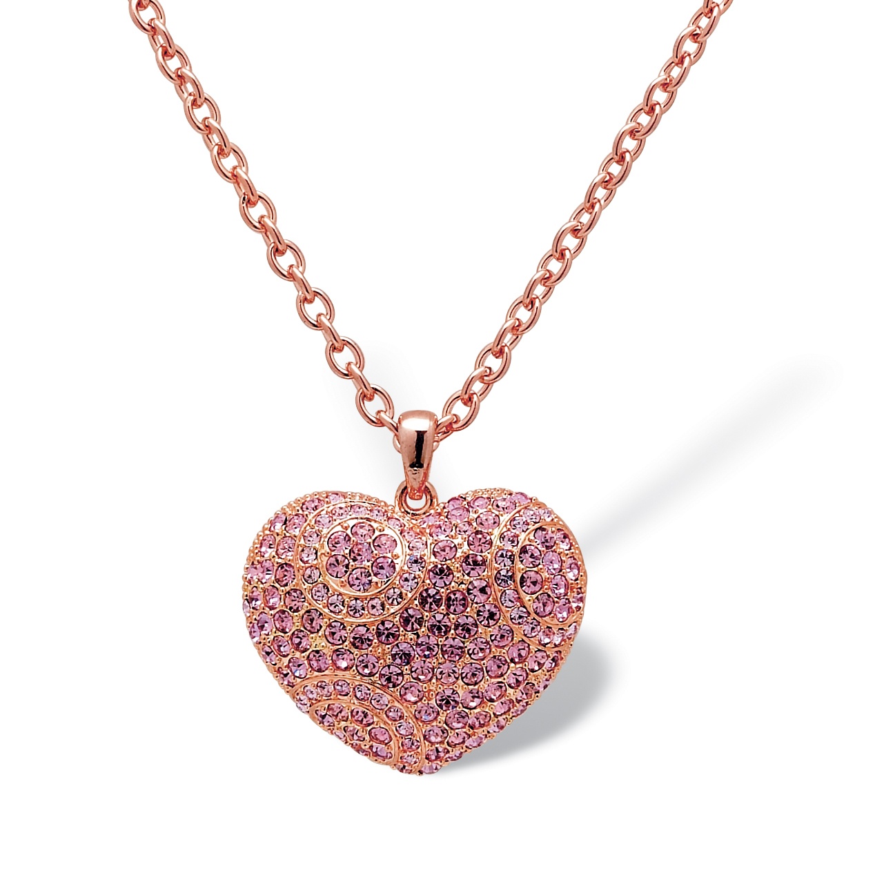 Pink Crystal Puffed Heart-Shaped Pendant Necklace Rose Gold-Plated 28 ...