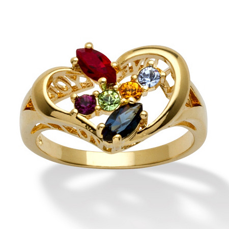 Marquise-Cut Simulated Birthstone Yellow Gold-Plated Heart-Shaped Personalized Family Ring at PalmBeach Jewelry