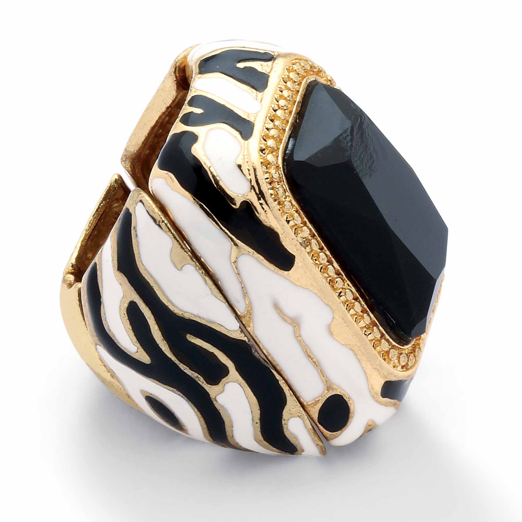 Black Crystal Enamel Zebra Expandable Stretch Ring in Yellow Gold Tone