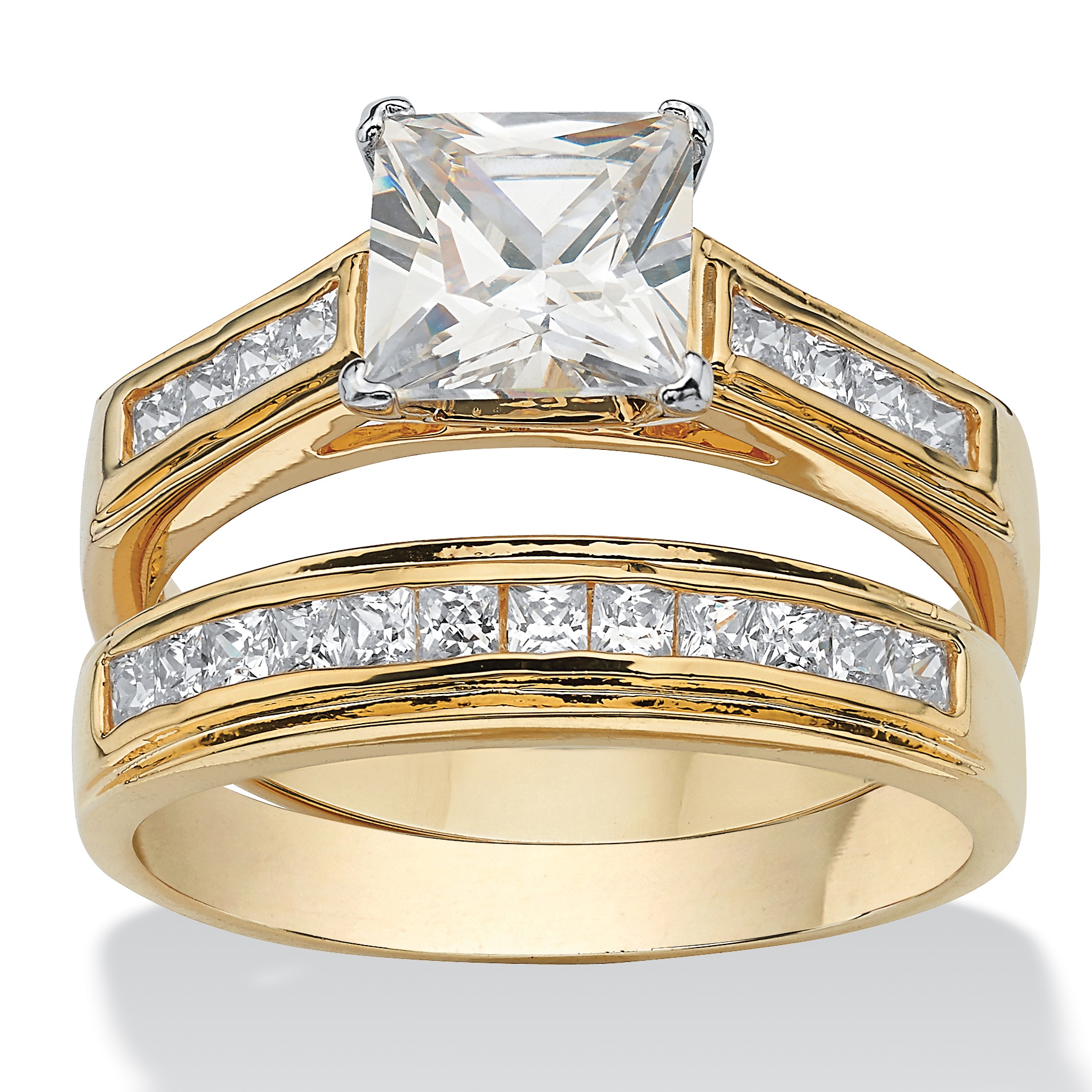 292 Tcw Princess Cut Cubic Zirconia Yellow Gold Plated Bridal Engagement Ring Wedding Band Set