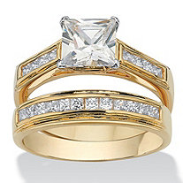 SETA JEWELRY 2.92 TCW Princess-Cut Cubic Zirconia Yellow Gold-Plated Bridal Engagement Ring Wedding Band Set