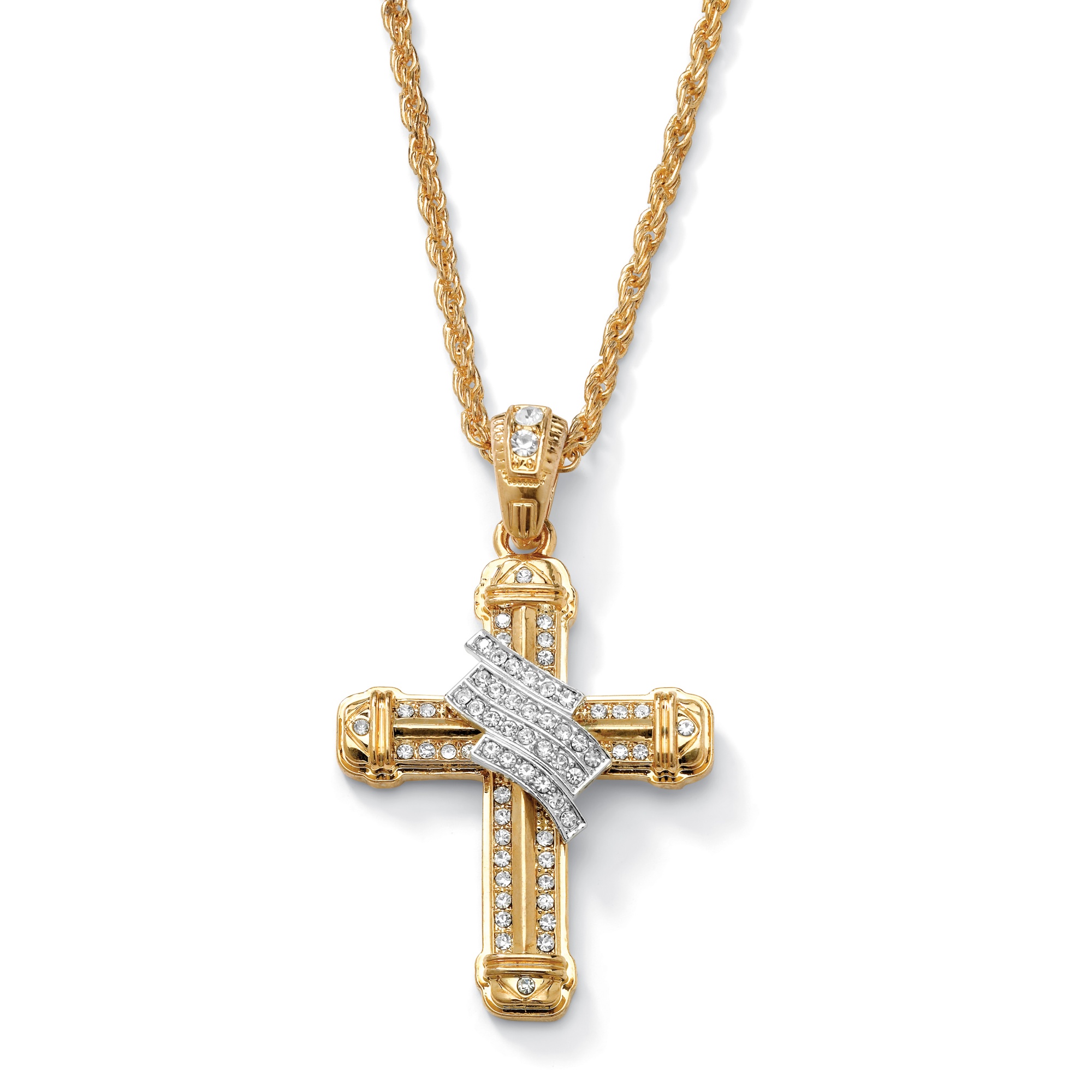 Men's Crystal-Wrapped Cross Pendant and Chain in Yellow Gold Tone 24 ...