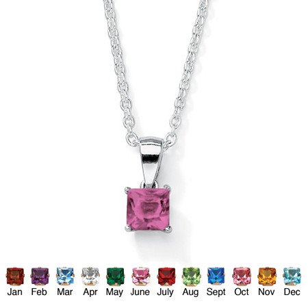 Simulated Princess-Cut Simulated Birthstone Pendant Necklace in Sterling Silver 18" at PalmBeach Jewelry