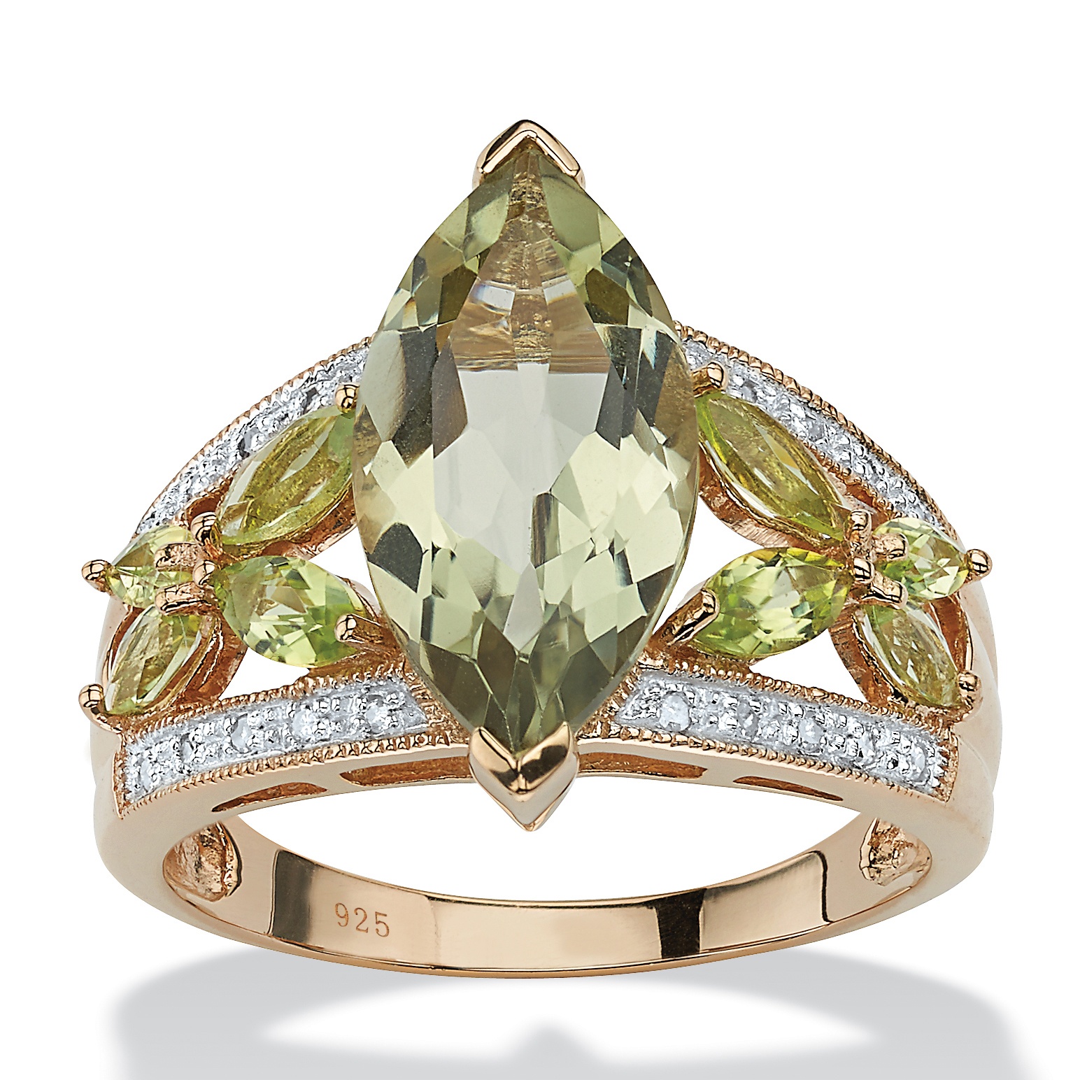 4.83 TCW MarquiseCut Genuine Green Amethyst and Diamond Ring in 18k