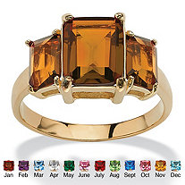 Emerald-Cut Simulated Birthstone 3-Stone Ring 18k Gold-Plated