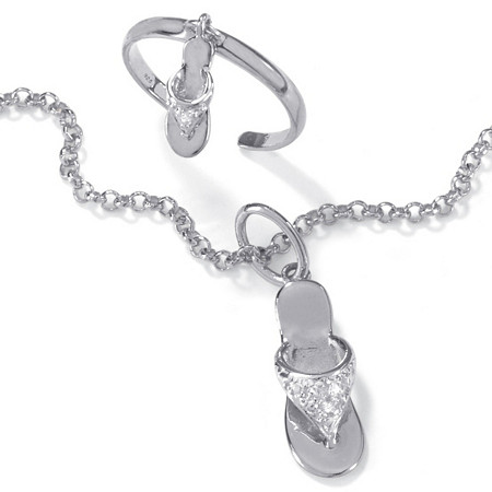 Diamond Accent Platinum over Silver 9" Flip-Flop Ankle Bracelet and Toe Ring Set at PalmBeach Jewelry