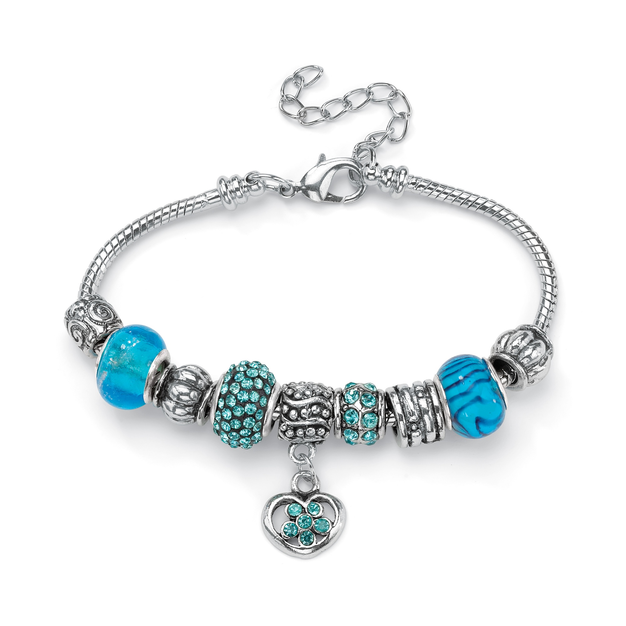 Aqua Crystal Bali-Style Beaded Charm and Spacer Bracelet in Silvertone ...