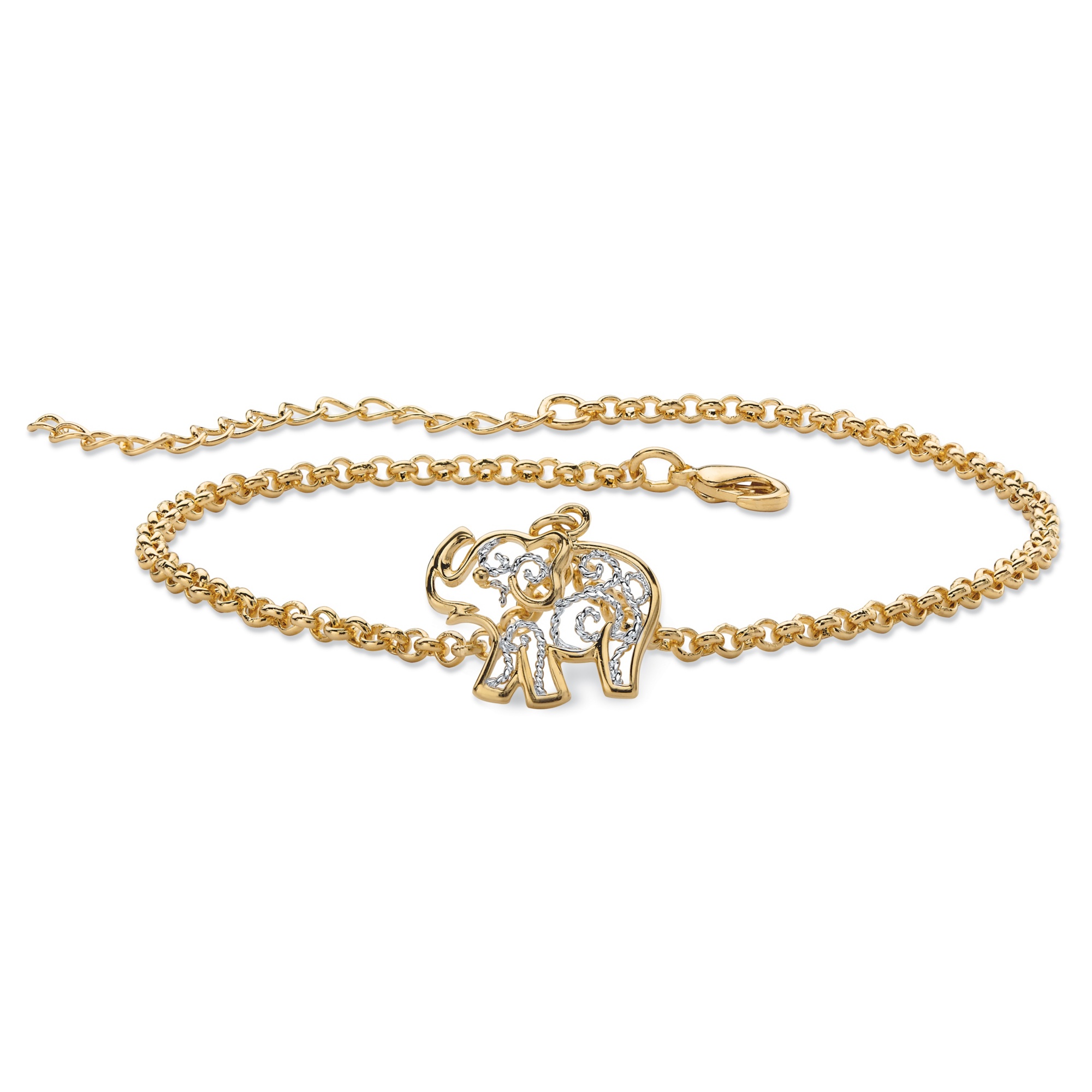 18k GoldPlated TwoTone Filigree Elephant Ankle Bracelet Adjustable 9