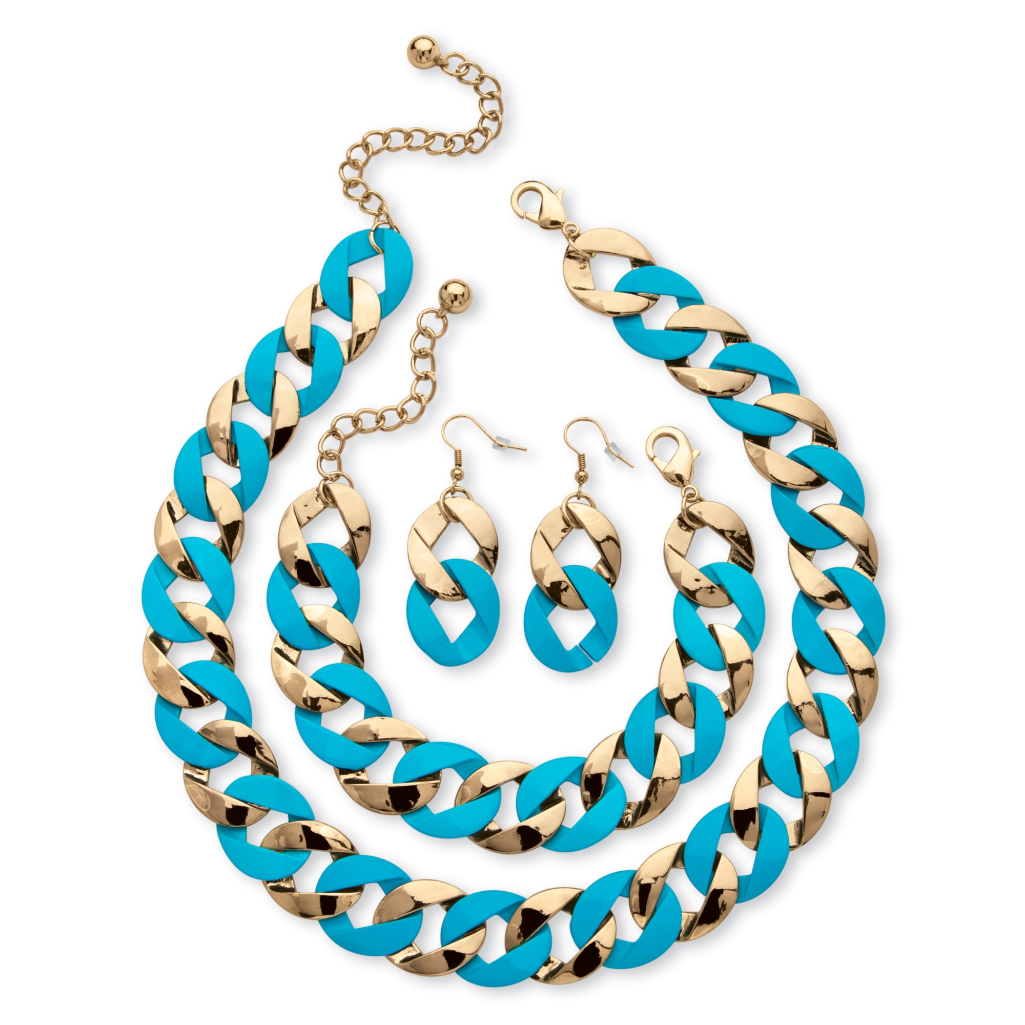 3 Piece CurbLink Necklace Bracelet and Earrings Set in Aqua Enamel and