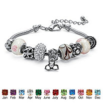 Simulated Birthstone Bali-Style Charm and Spacer Bracelet in Silvertone