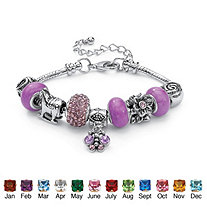 Simulated Birthstone Bali-Style Charm and Spacer Bracelet in Silvertone