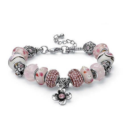 Round Pink Crystal Silvertone Bali-Style Beaded Charm and Spacer Bracelet 8" at PalmBeach Jewelry