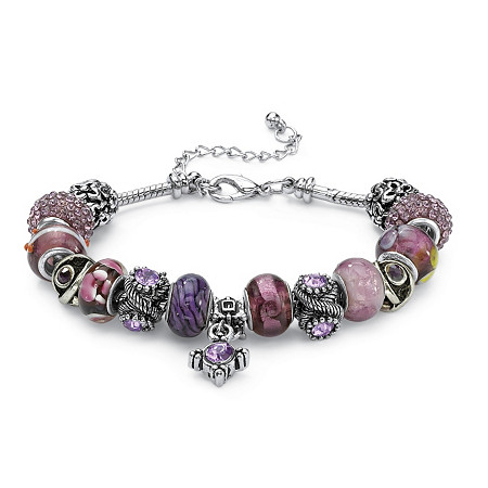 Round Purple Crystal Silvertone Bali-Style Beaded Charm and Spacer Bracelet 8" at PalmBeach Jewelry