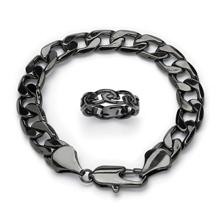 Barbed Wire Ring and Curb-Link Bracelet Set in Black Ruthenium-Plated and Black Ion-Plated Stainless Steel 9" (12mm) at PalmBeach Jewelry