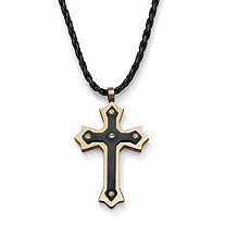Black and Gold Cross Necklace in Gold Ion-Plated Stainless Steel With Braided Cord 24" - 27"